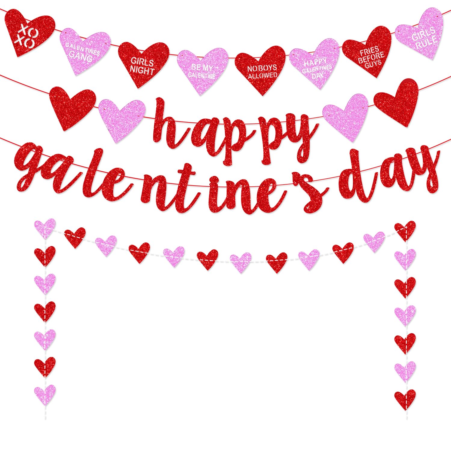 Deneo Happy Galentine's Day Banner – Red Glitter Heart Garland for Galentine & Valentine’s Party Decor