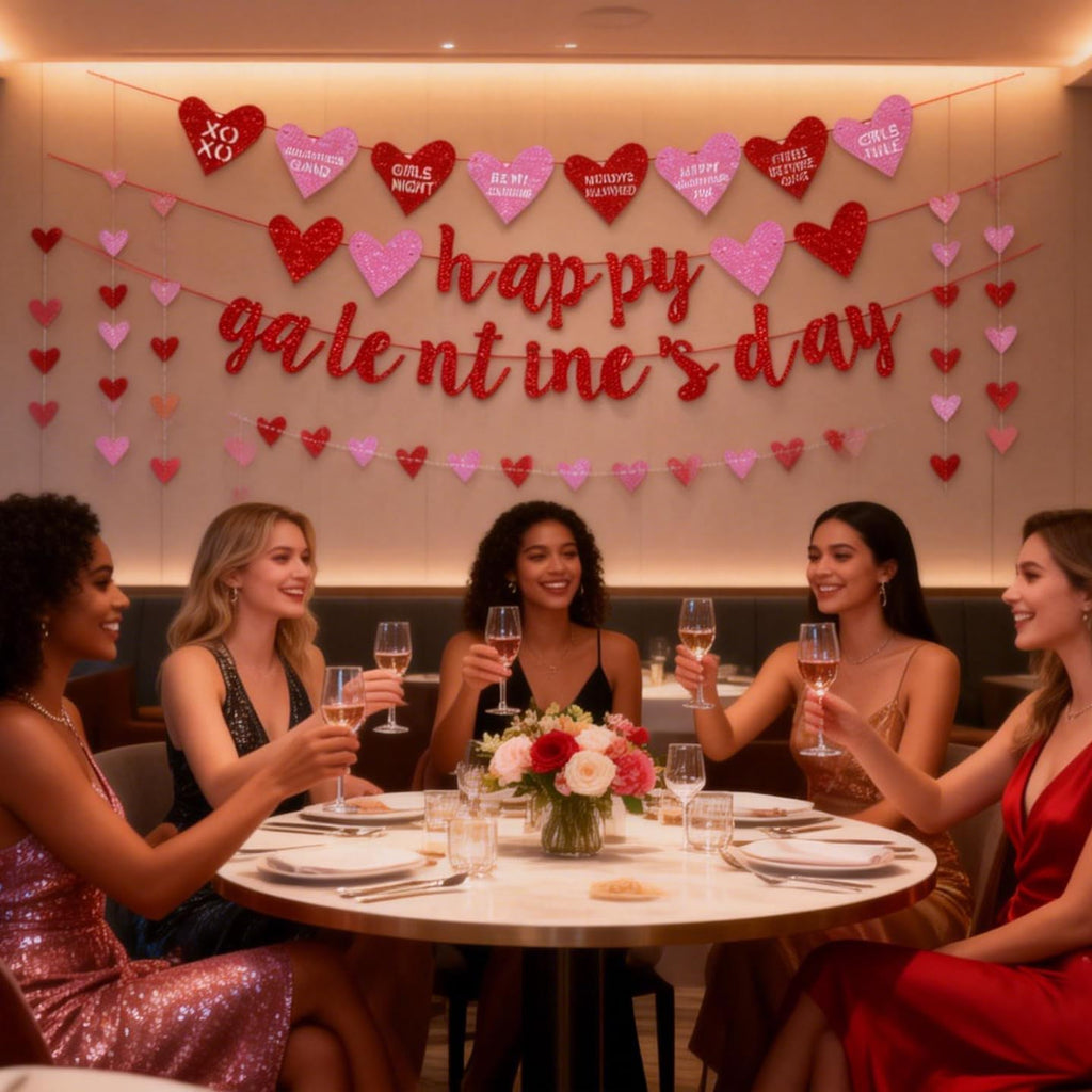 Deneo Happy Galentine's Day Banner – Red Glitter Heart Garland for Galentine & Valentine’s Party Decor