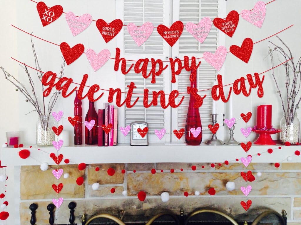 Deneo Happy Galentine's Day Banner – Red Glitter Heart Garland for Galentine & Valentine’s Party Decor
