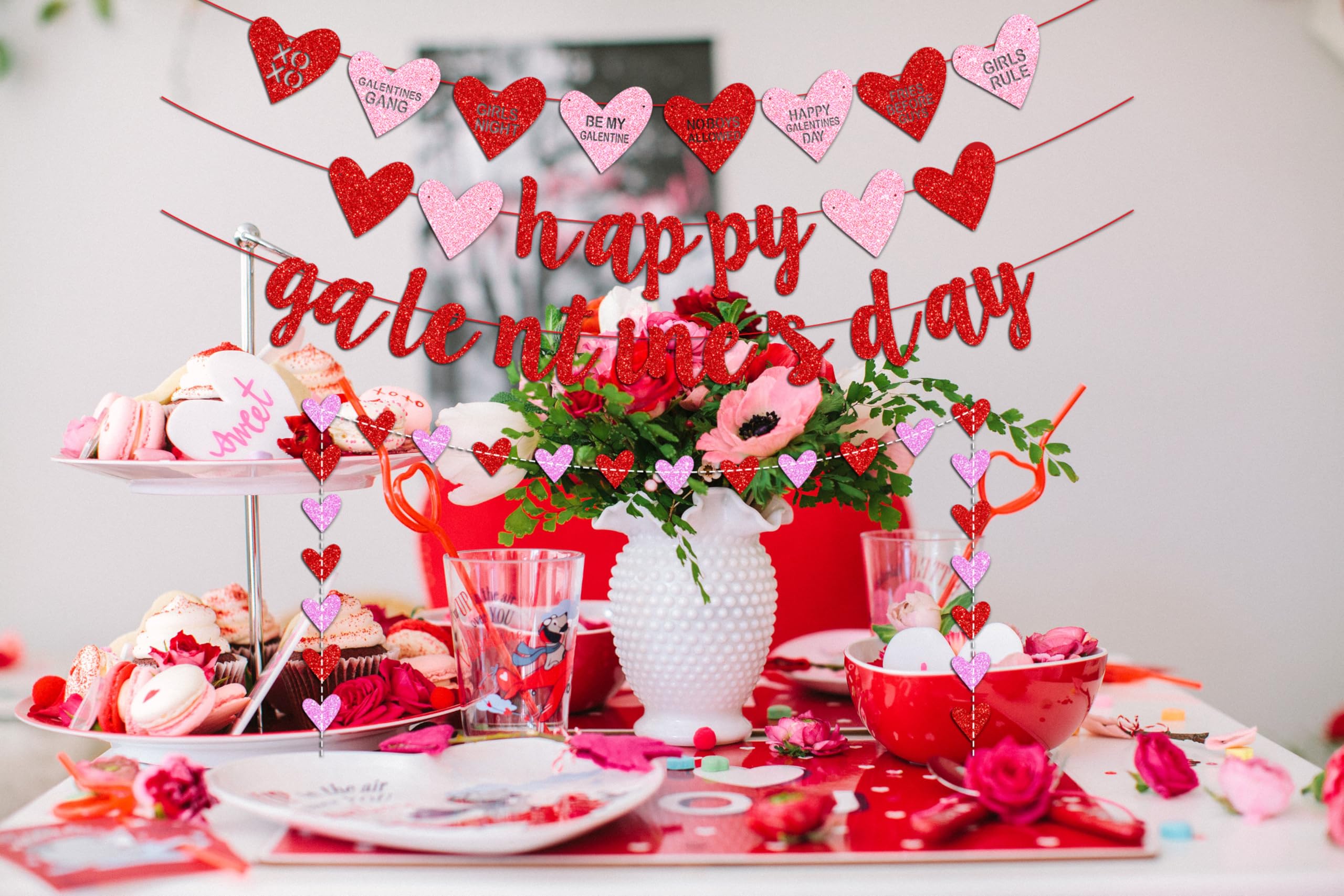 Deneo Happy Galentine's Day Banner – Red Glitter Heart Garland for Galentine & Valentine’s Party Decor