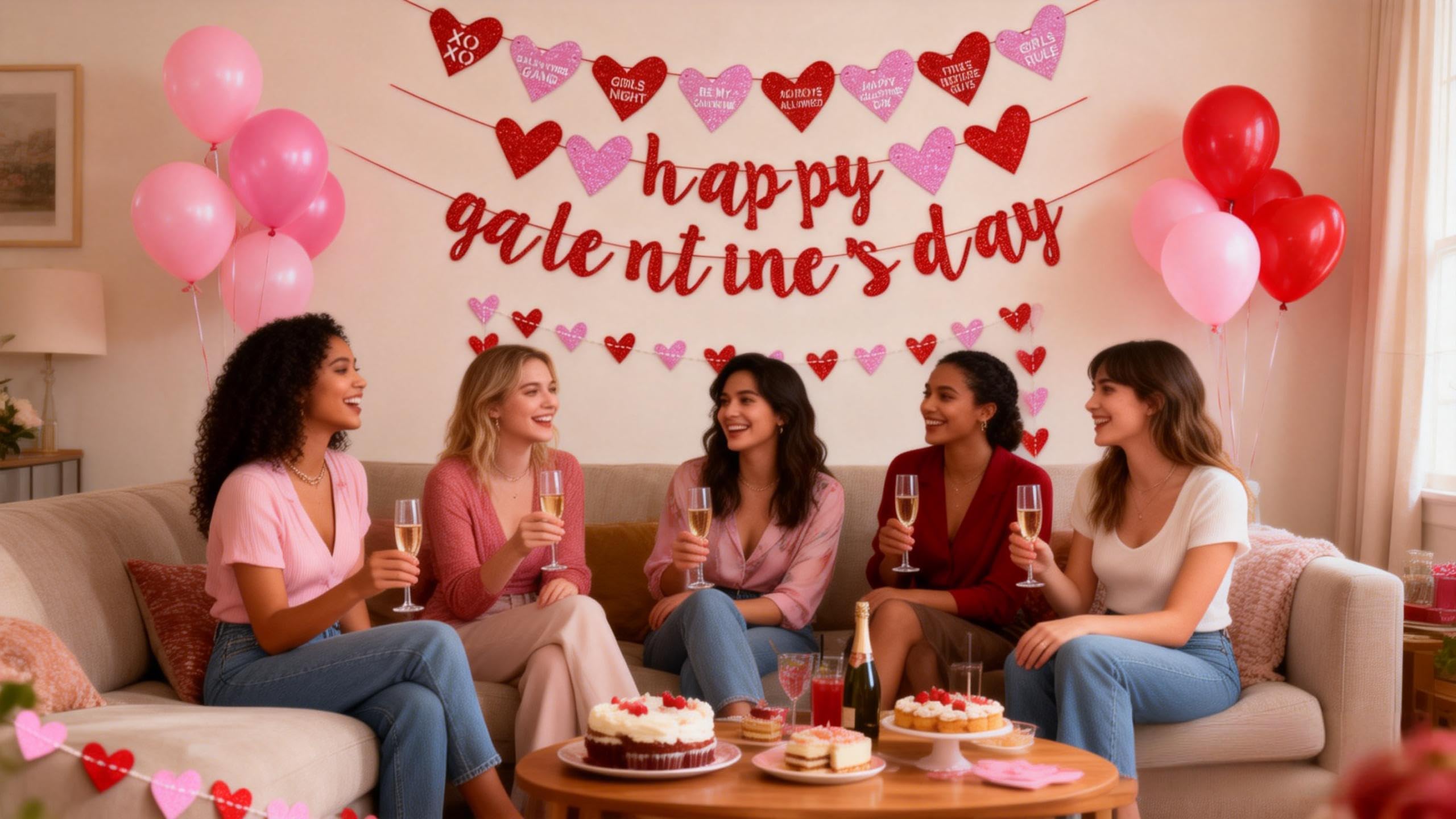 Deneo Happy Galentine's Day Banner – Red Glitter Heart Garland for Galentine & Valentine’s Party Decor