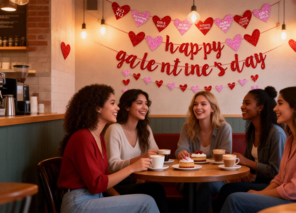 Deneo Happy Galentine's Day Banner – Red Glitter Heart Garland for Galentine & Valentine’s Party Decor