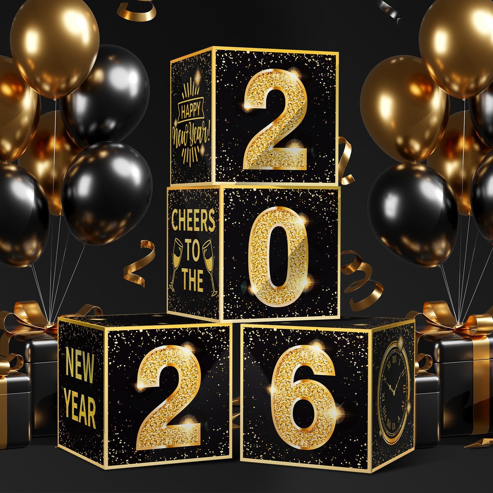Denylo Pro New Year's Eve Balloon Box Kit 2026 – Gold & Black Party Decor (4-Pack)