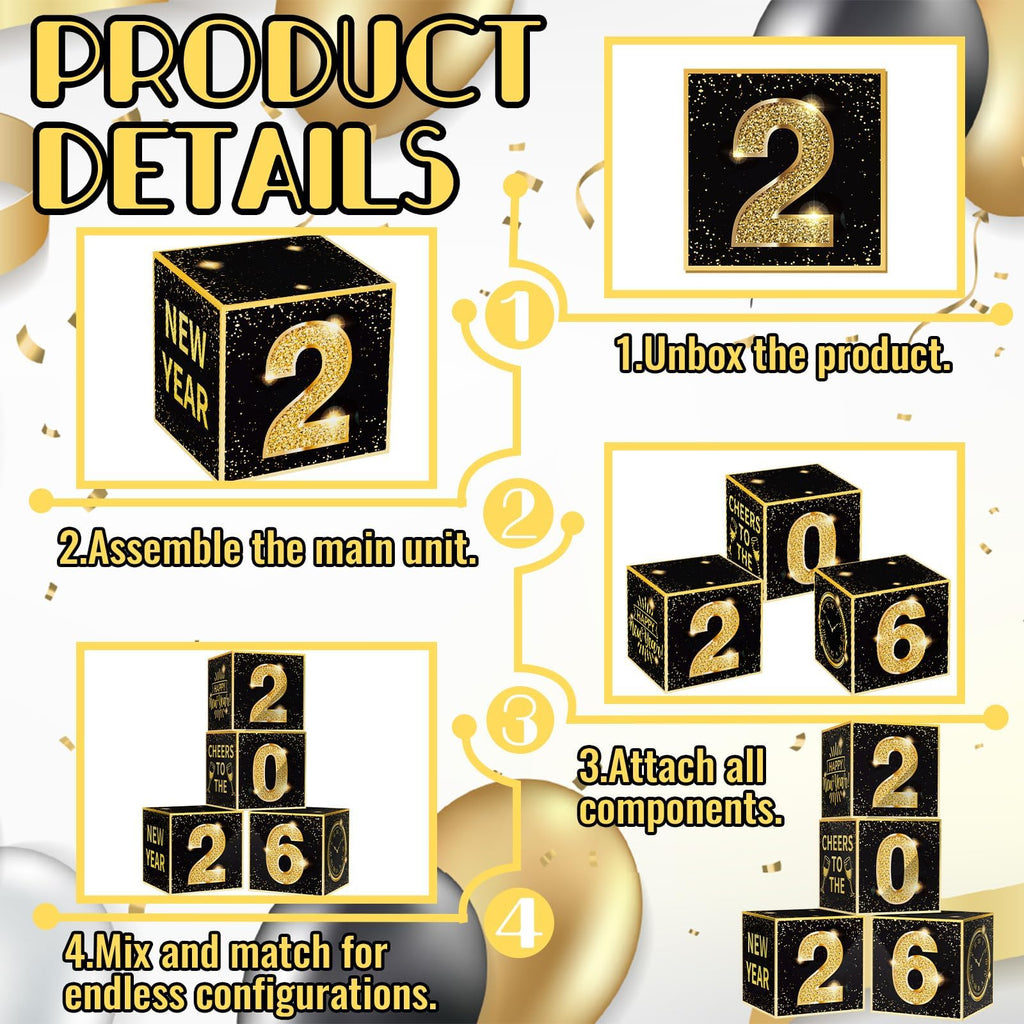 Denylo Pro New Year's Eve Balloon Box Kit 2026 – Gold & Black Party Decor (4-Pack)