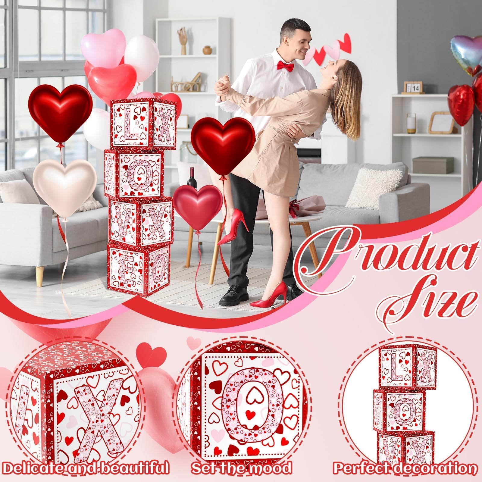 Denylo Pro 4 Pcs Valentines Day Balloon Box – LOVE Pink Heart Balloons for School, Classroom, Bedroom & Party Decor