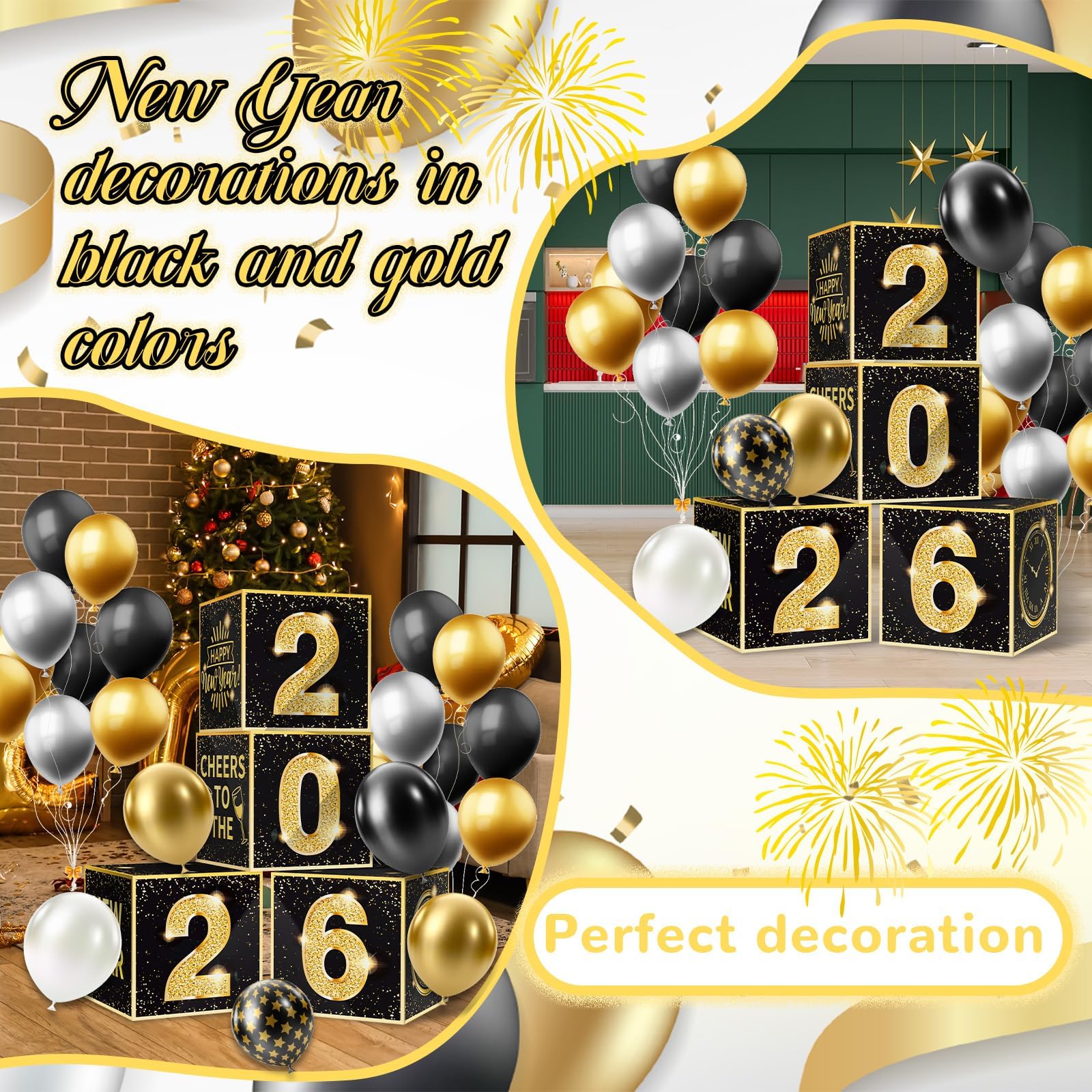 Denylo Pro New Year's Eve Balloon Box Kit 2026 – Gold & Black Party Decor (4-Pack)