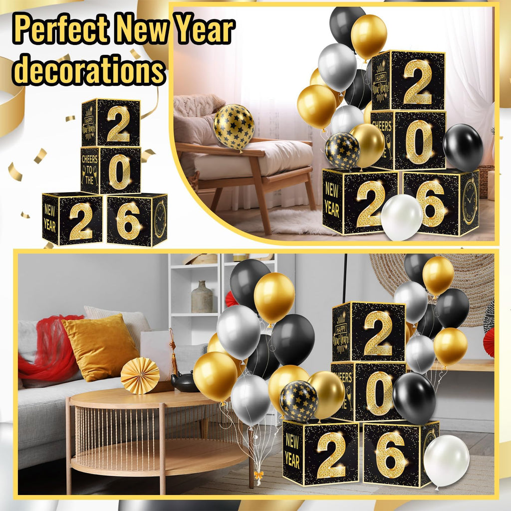 Denylo Pro New Year's Eve Balloon Box Kit 2026 – Gold & Black Party Decor (4-Pack)