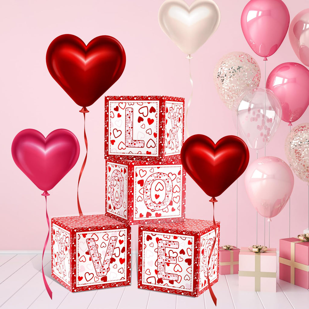 Denylo Pro 4 Pcs Valentines Day Balloon Box – LOVE Pink Heart Balloons for School, Classroom, Bedroom & Party Decor