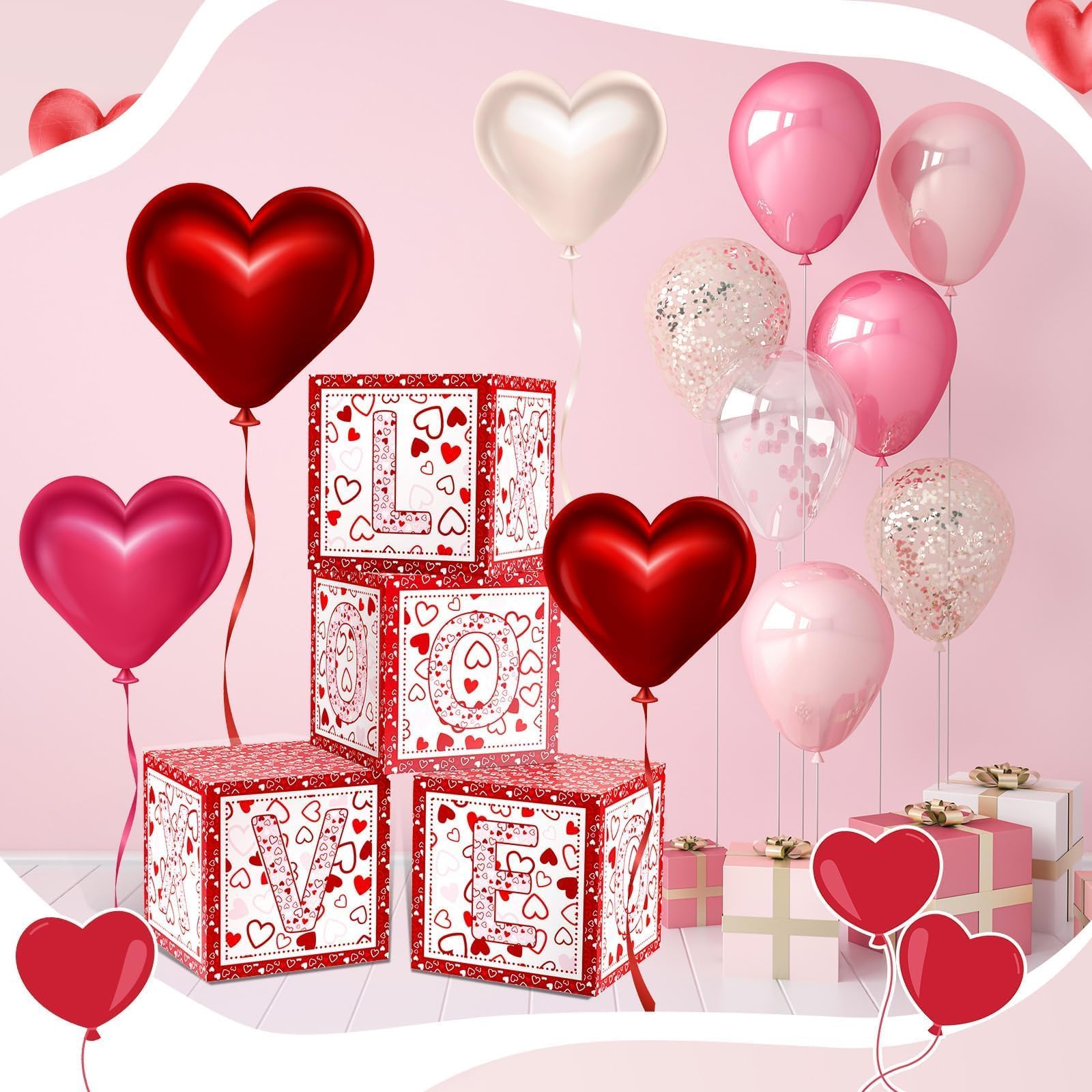 Denylo Pro 4 Pcs Valentines Day Balloon Box – LOVE Pink Heart Balloons for School, Classroom, Bedroom & Party Decor