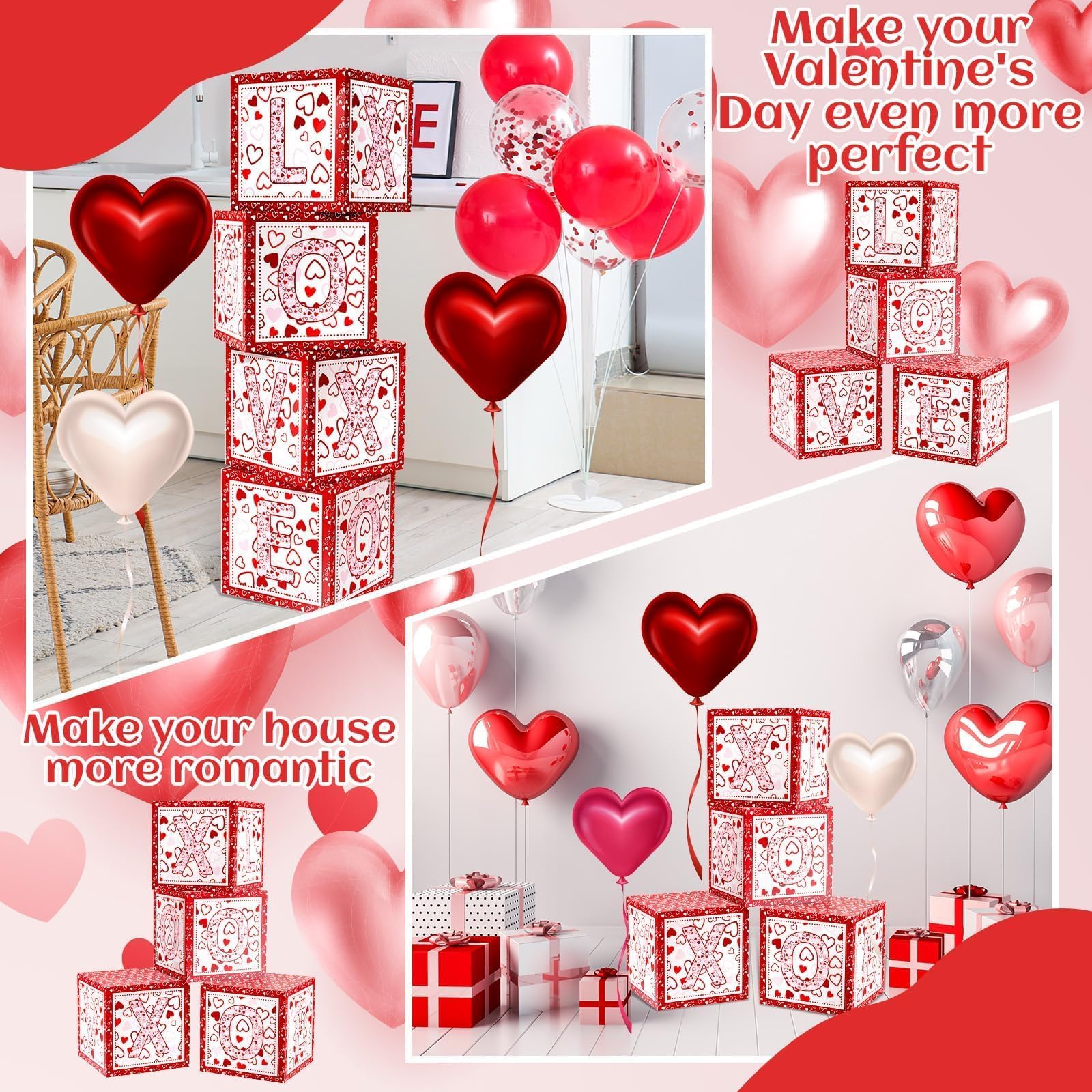 Denylo Pro 4 Pcs Valentines Day Balloon Box – LOVE Pink Heart Balloons for School, Classroom, Bedroom & Party Decor