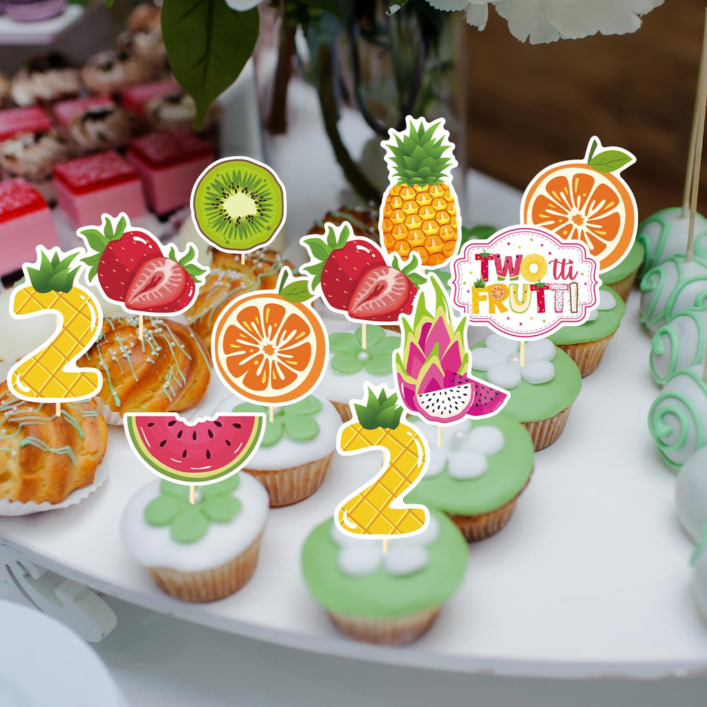 Deorfuy Twotti Fruity Cupcake Toppers – 40Pcs for 2nd Birthday (Strawberry & Watermelon)