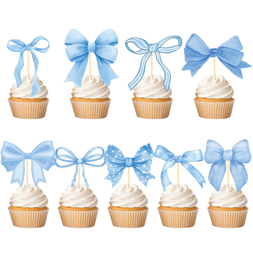 Deorfuy Blue Bow Cupcake Toppers – 40pc for Birthday & Baby Shower