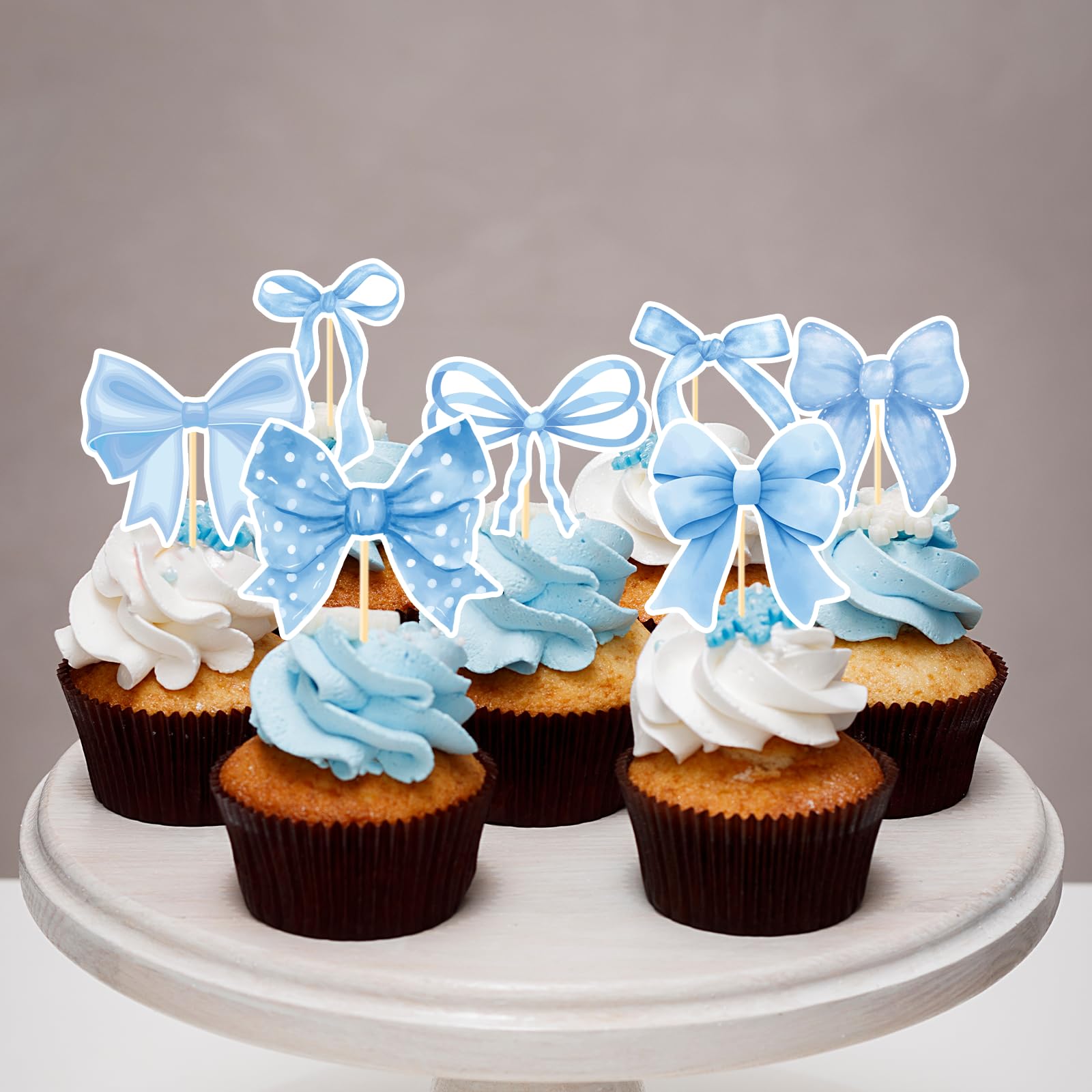 Deorfuy Blue Bow Cupcake Toppers – 40pc for Birthday & Baby Shower