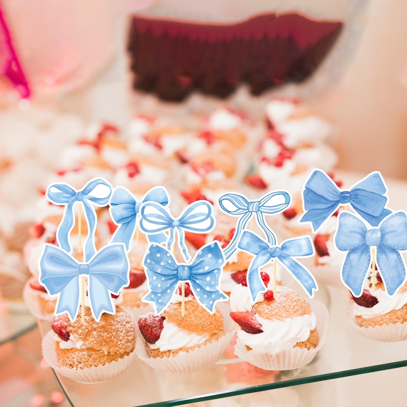 Deorfuy Blue Bow Cupcake Toppers – 40pc for Birthday & Baby Shower
