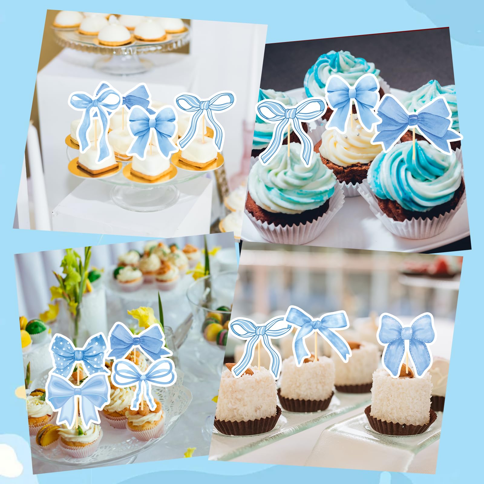 Deorfuy Blue Bow Cupcake Toppers – 40pc for Birthday & Baby Shower