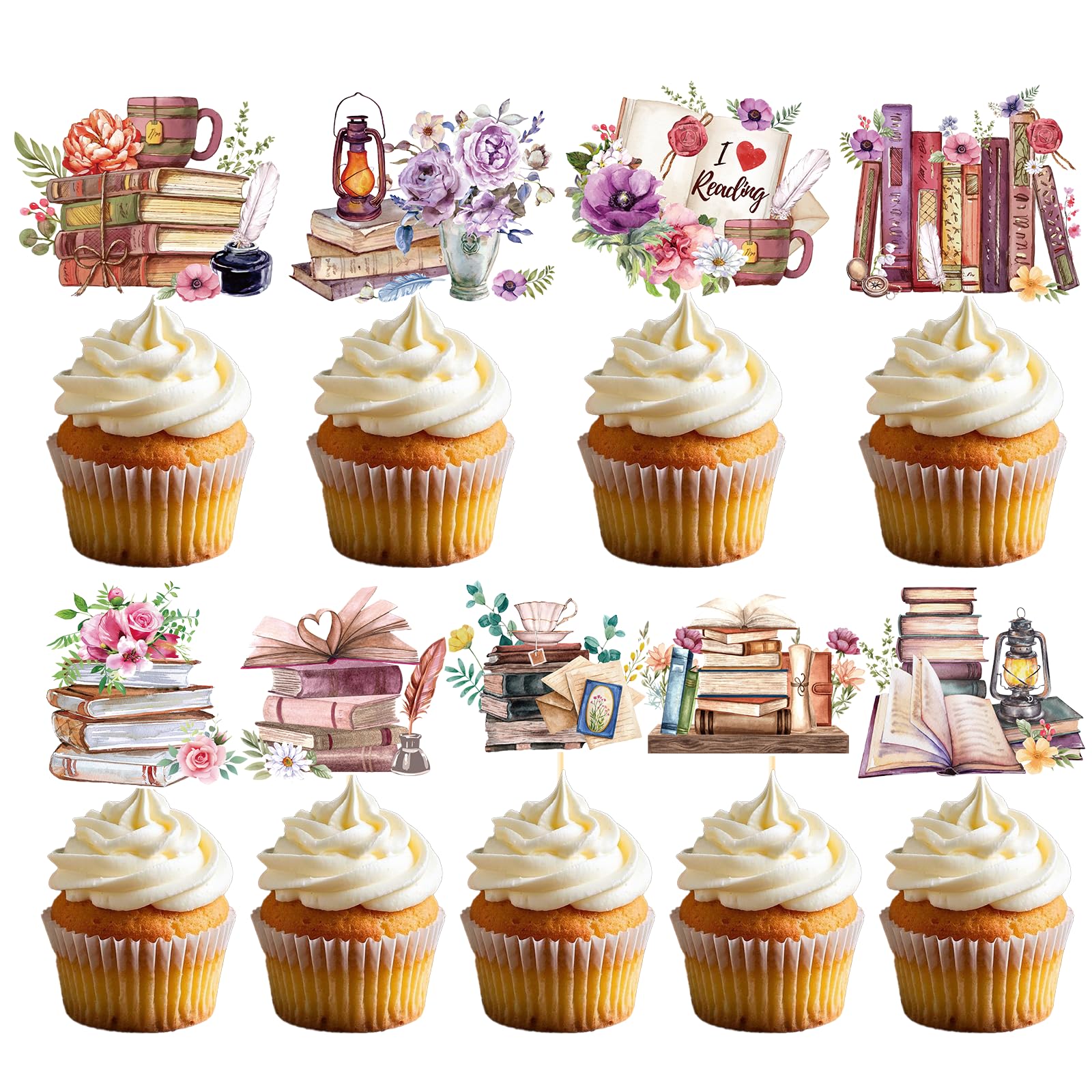 Deorfuy Book Themed Cupcake Toppers - 36pcs I Love Reading Party Decor