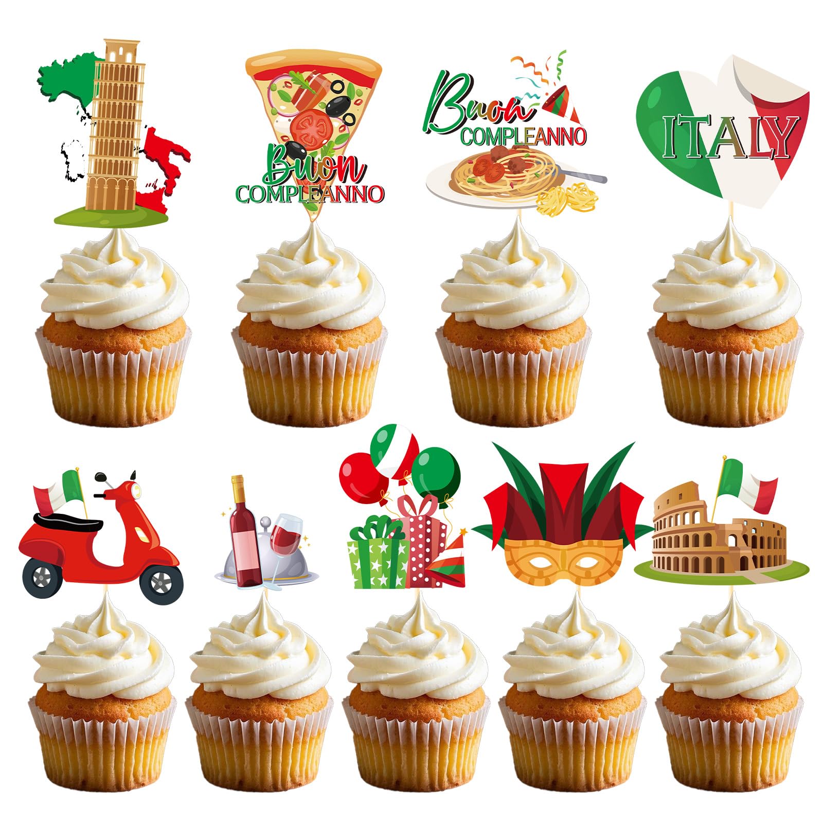 Deorfuy Italian Birthday Party Decorations – 36 Pcs Cupcake Toppers (Buon Compleanno)