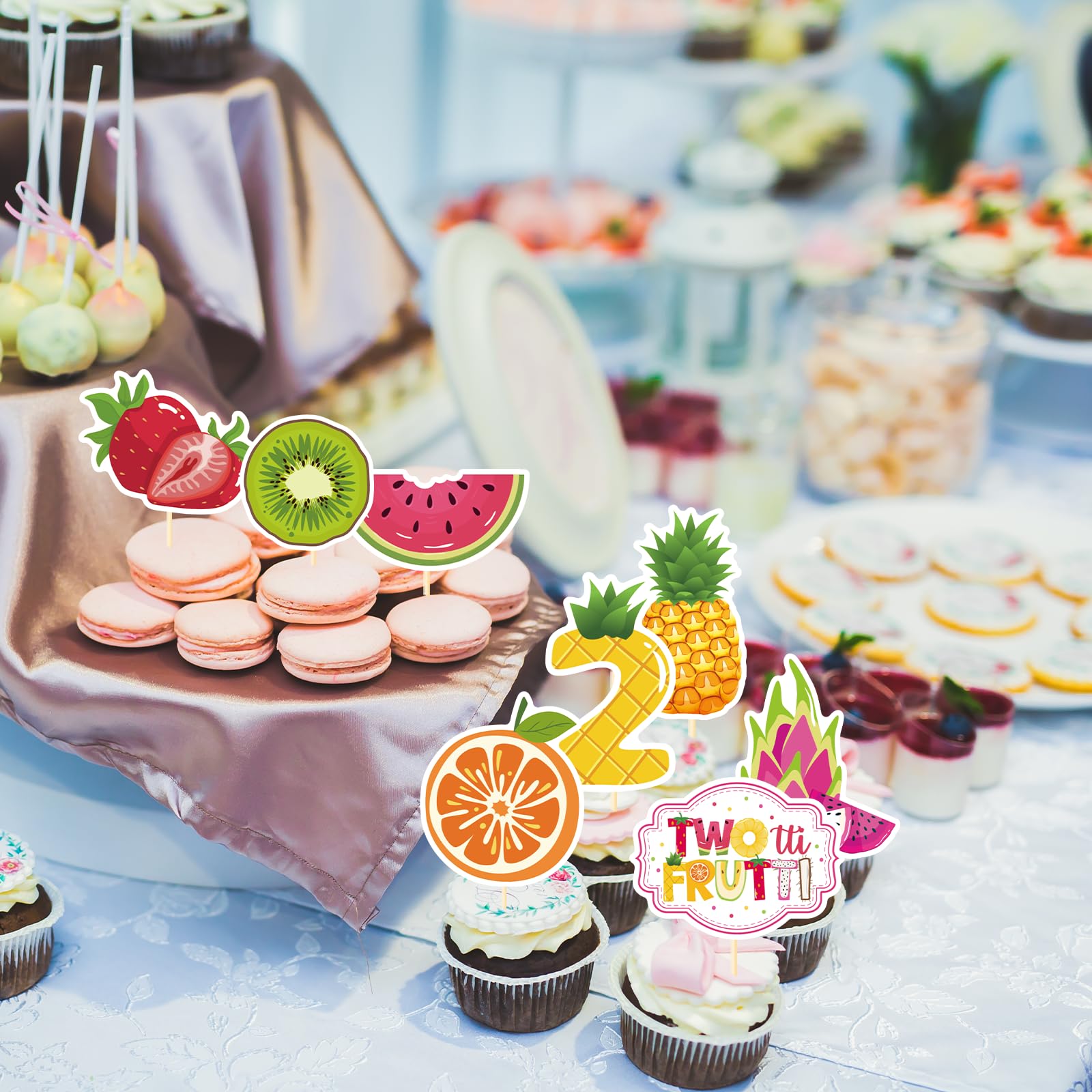 Deorfuy Twotti Fruity Cupcake Toppers – 40Pcs for 2nd Birthday (Strawberry & Watermelon)