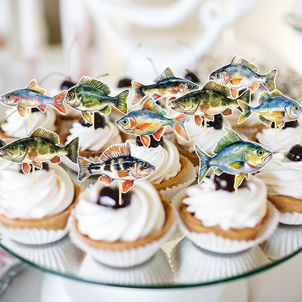 Deorfuy 36Pcs Fishing Cupcake Toppers – Fish Theme Birthday Party Decorations
