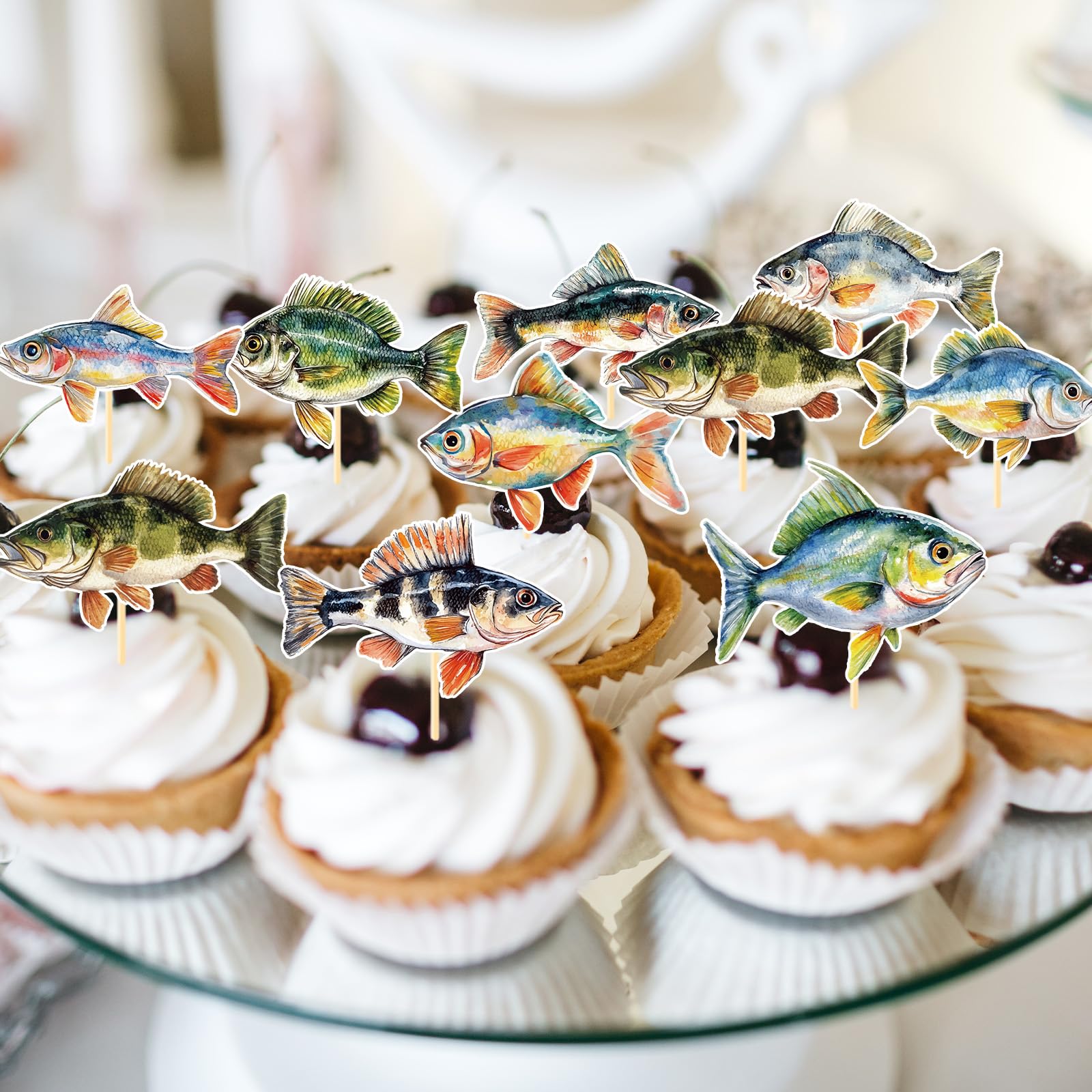 Deorfuy 36Pcs Fishing Cupcake Toppers – Fish Theme Birthday Party Decorations