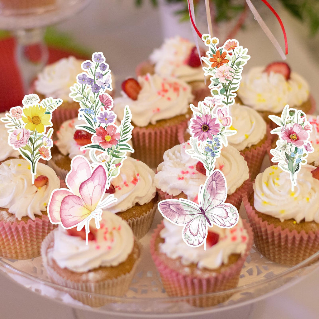 Deorfuy Wildflower Cupcake Toppers – 40Pcs Butterfly & Flower Party Decorations