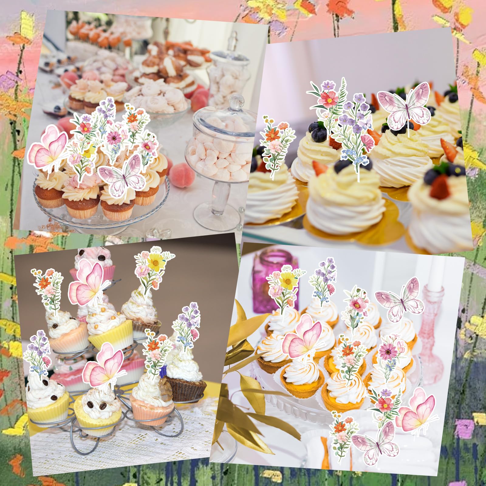 Deorfuy Wildflower Cupcake Toppers – 40Pcs Butterfly & Flower Party Decorations