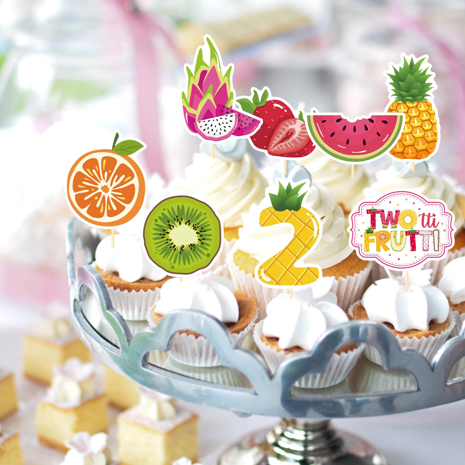 Deorfuy Twotti Fruity Cupcake Toppers – 40Pcs for 2nd Birthday (Strawberry & Watermelon)