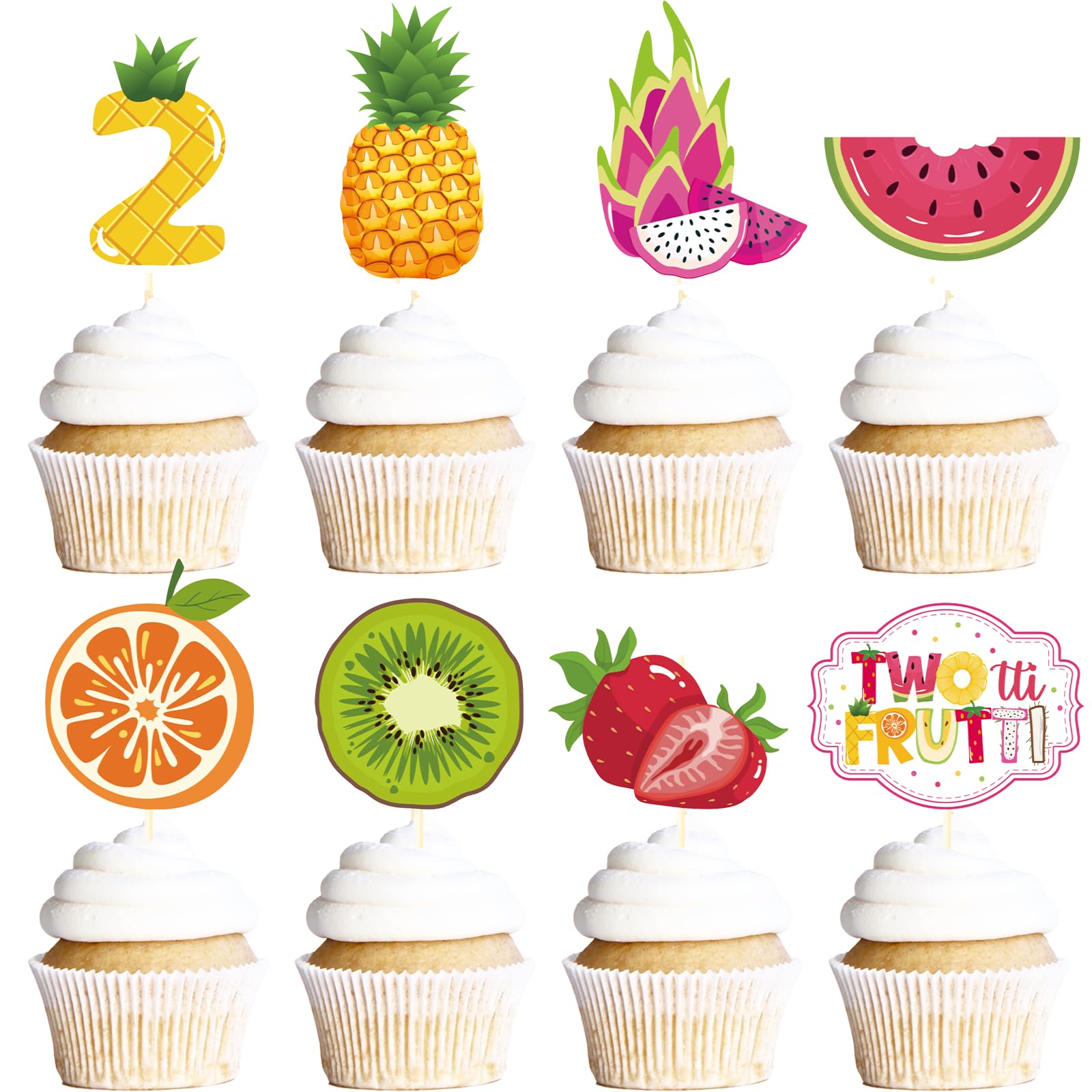 Deorfuy Twotti Fruity Cupcake Toppers – 40Pcs for 2nd Birthday (Strawberry & Watermelon)