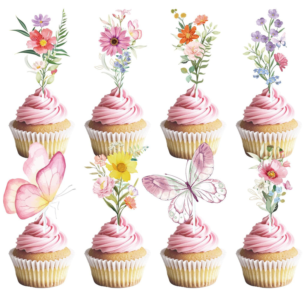 Deorfuy Wildflower Cupcake Toppers – 40Pcs Butterfly & Flower Party Decorations