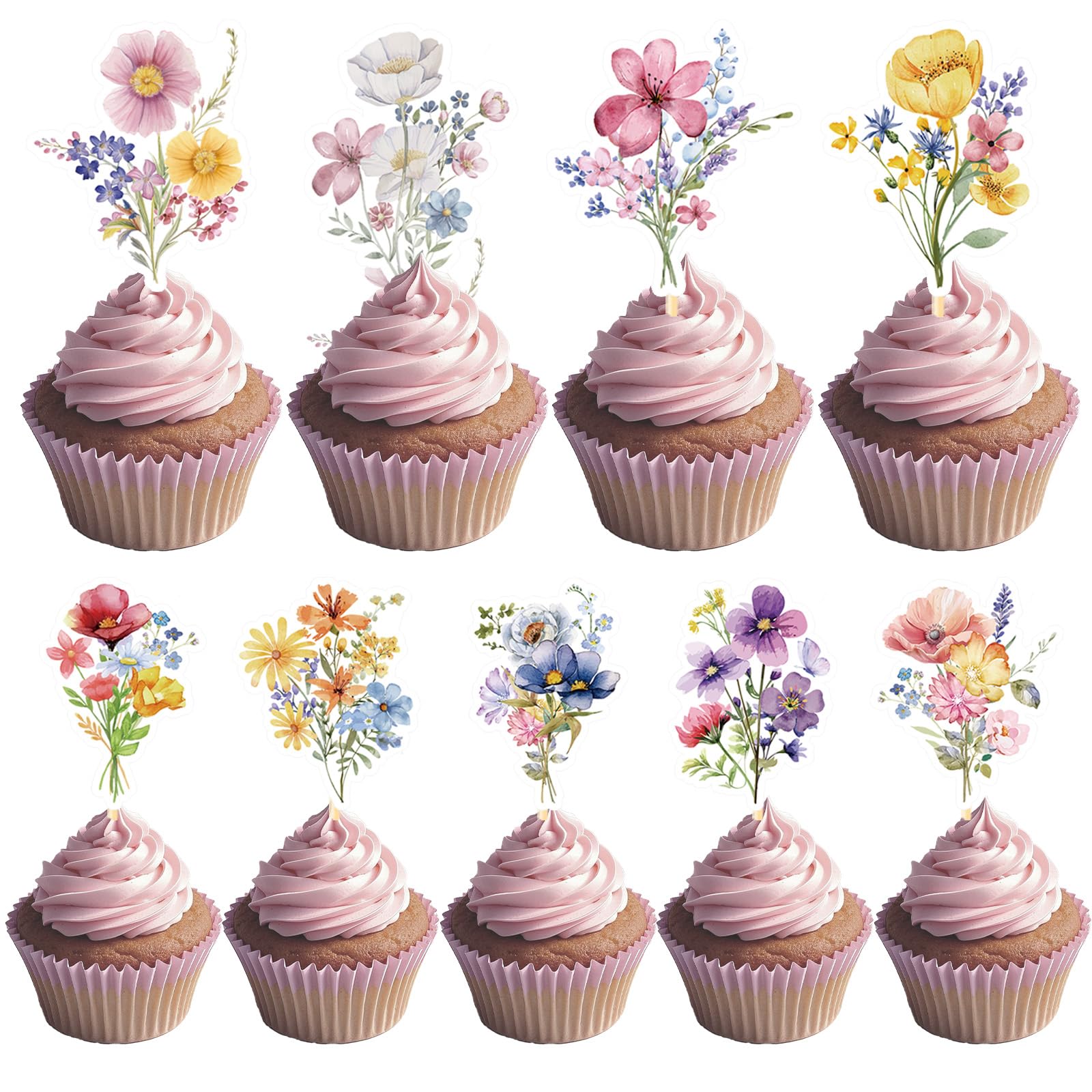 Deorfuy Wildflower Cupcake Toppers – 36-Piece Party Decorations for Baby Shower & Birthday