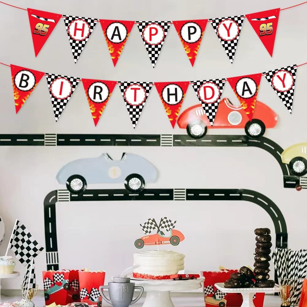 Derzhssg Race Car Happy Birthday Banner – Racing Themed Party Sign & Checkered Flag Decorations