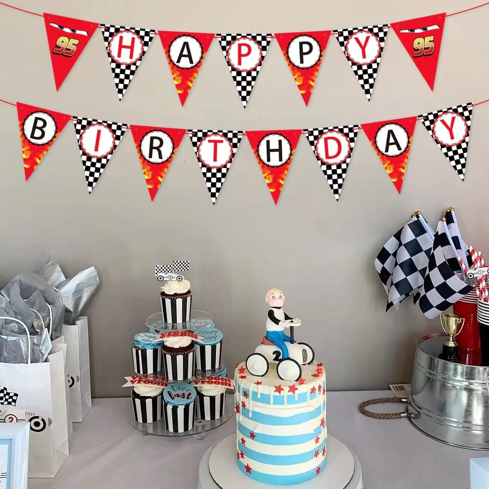 Derzhssg Race Car Happy Birthday Banner – Racing Themed Party Sign & Checkered Flag Decorations