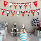Derzhssg Race Car Happy Birthday Banner – Racing Themed Party Sign & Checkered Flag Decorations