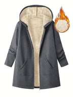 Women's Solid Color Fleece Lined Mid Length Hooded Coat