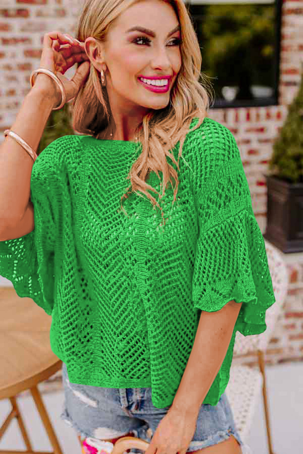 Green Pointelle Knit Scallop Trim Blouse Women UK