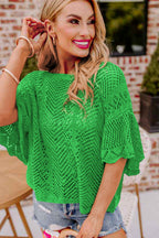 Green Pointelle Knit Scallop Trim Blouse Women UK