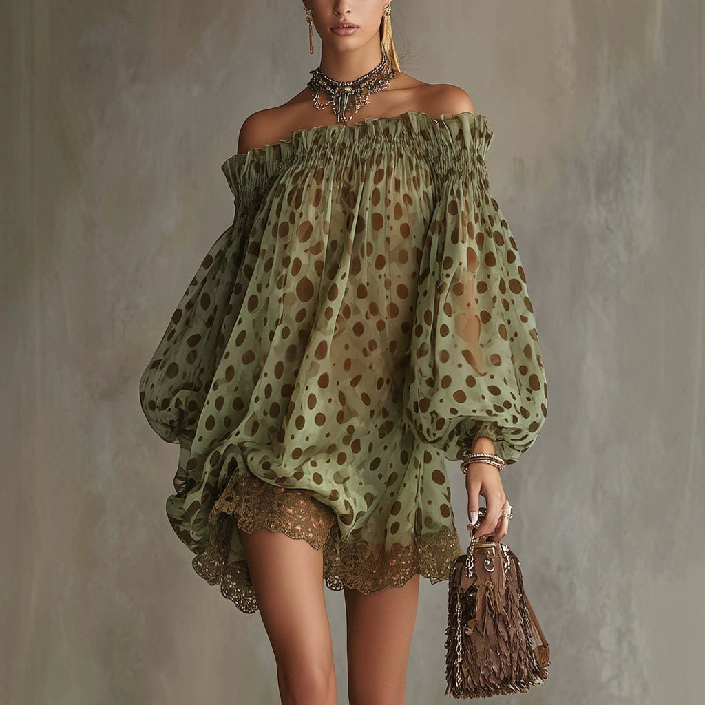 Womens Off-shoulder Printed Chiffon Dress With Puff Sleeves