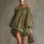 Womens Off-shoulder Printed Chiffon Dress With Puff Sleeves