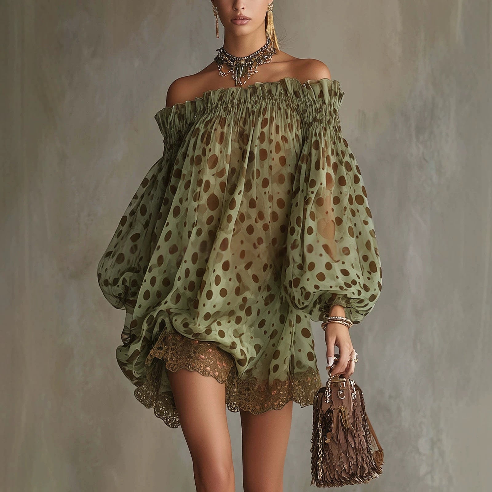 Womens Off-shoulder Printed Chiffon Dress With Puff Sleeves