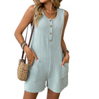 Women's Summer Jumpsuit Round Neck Casual Sleeveless Solid Color Short Jumpsuit With Pockets Women Turtle Neck Holiday Beach Shorts