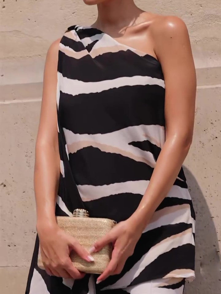 Zebra Print One Shoulder Top Irregular Hem Wide Leg Pants Suit