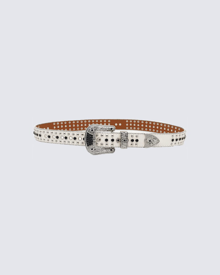 Gothic Cross Studded Belt – White Leather Punk Waist Accessory