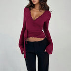 Rare-design Wine-red Lace V-neck Belted Waist Flared-sleeve Short Top