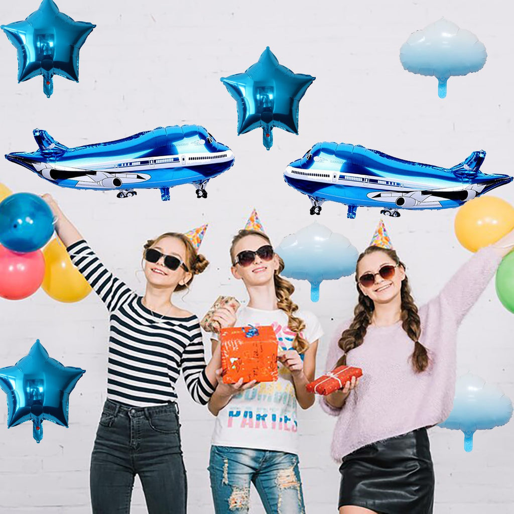 DIADARL 7pc Blue Aluminum Airplane Balloons – Plane-Themed Party Decor for Baby Showers & Birthdays