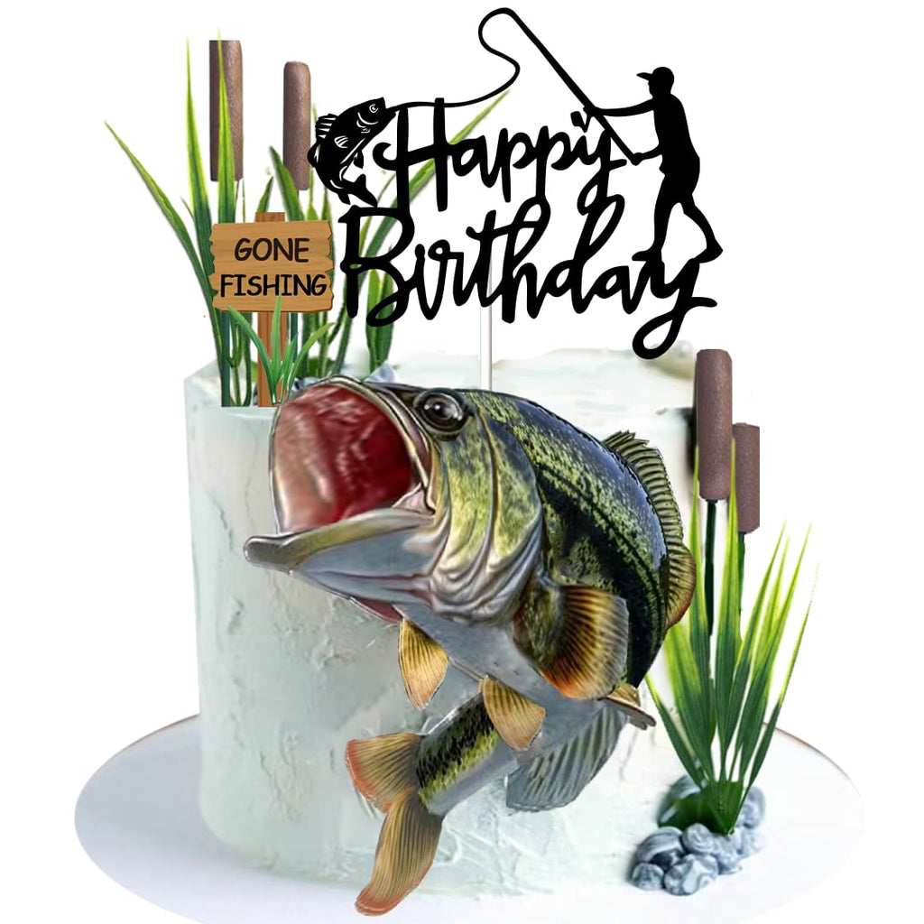 DiDida Gone Fishing Cake Topper with Largemouth Bass Sign | Fisherman Birthday