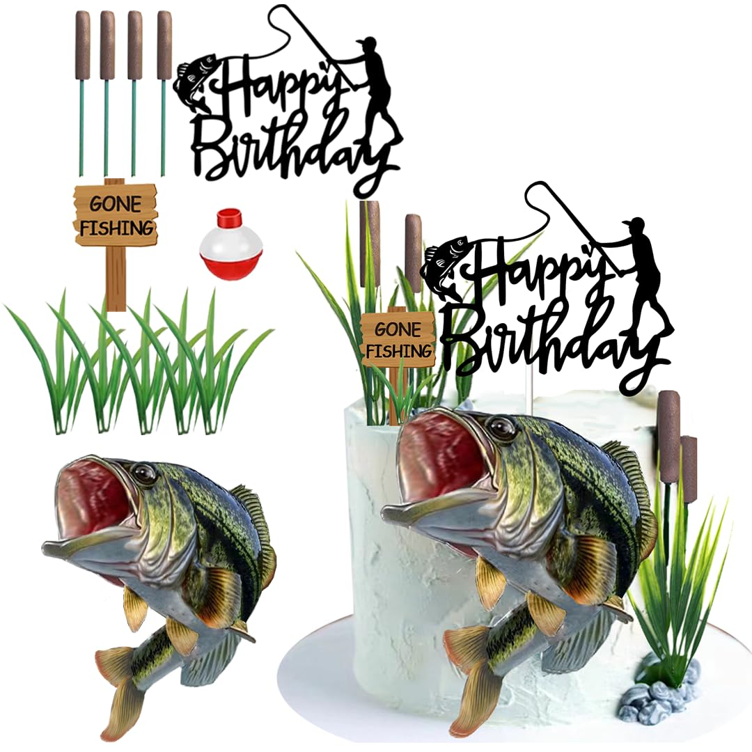 DiDida Gone Fishing Cake Topper with Largemouth Bass Sign | Fisherman Birthday