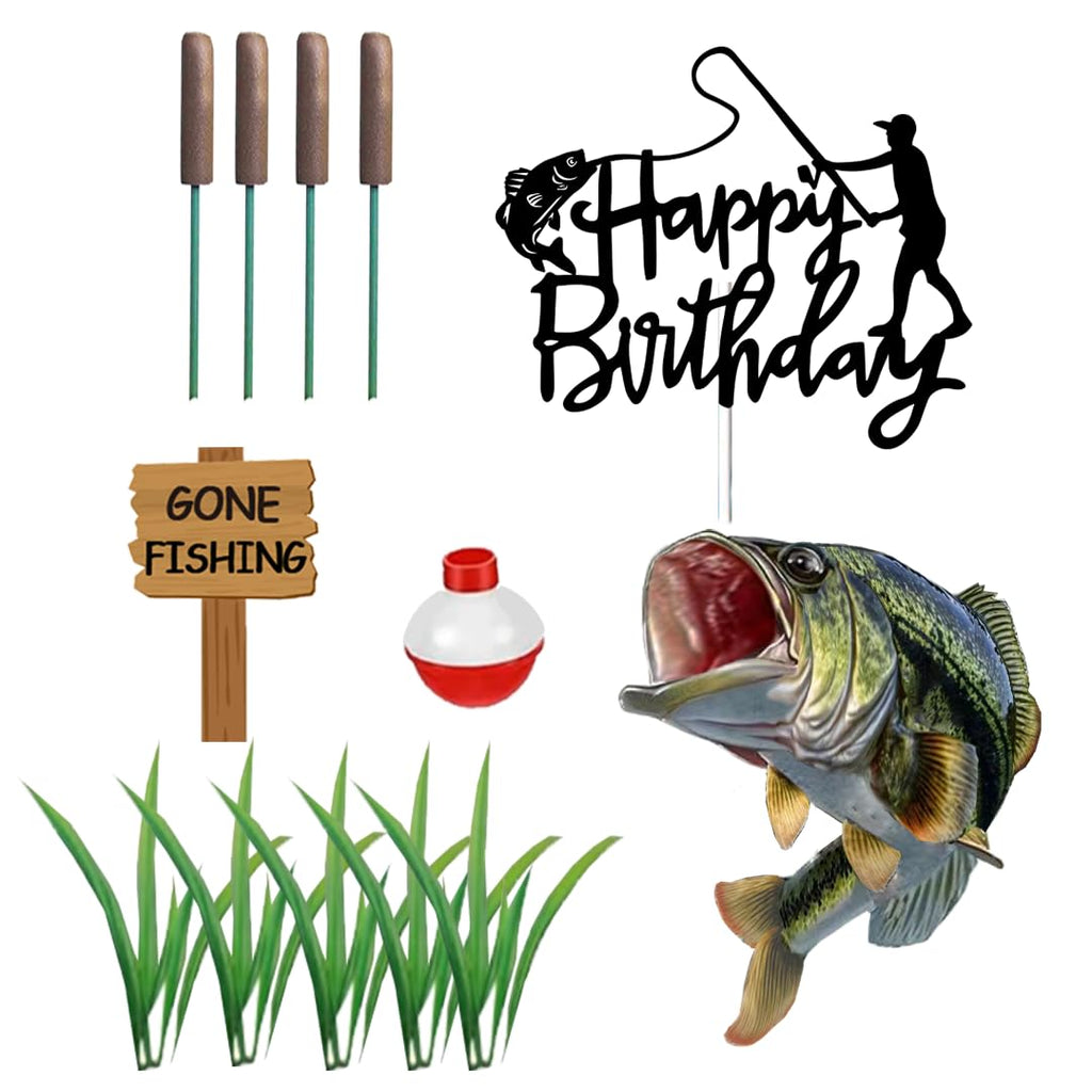 DiDida Gone Fishing Cake Topper with Largemouth Bass Sign | Fisherman Birthday