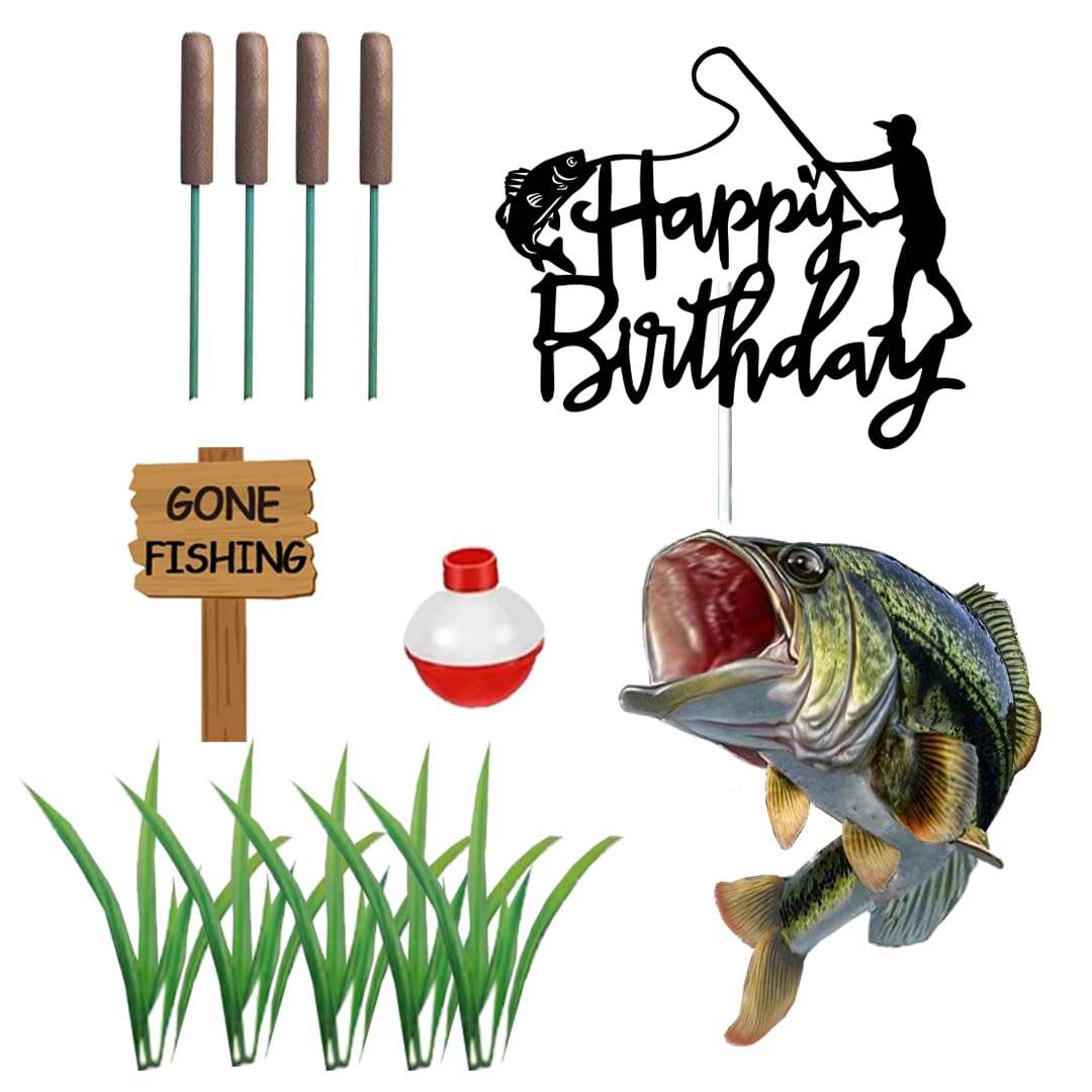 DiDida Gone Fishing Cake Topper with Largemouth Bass Sign | Fisherman Birthday