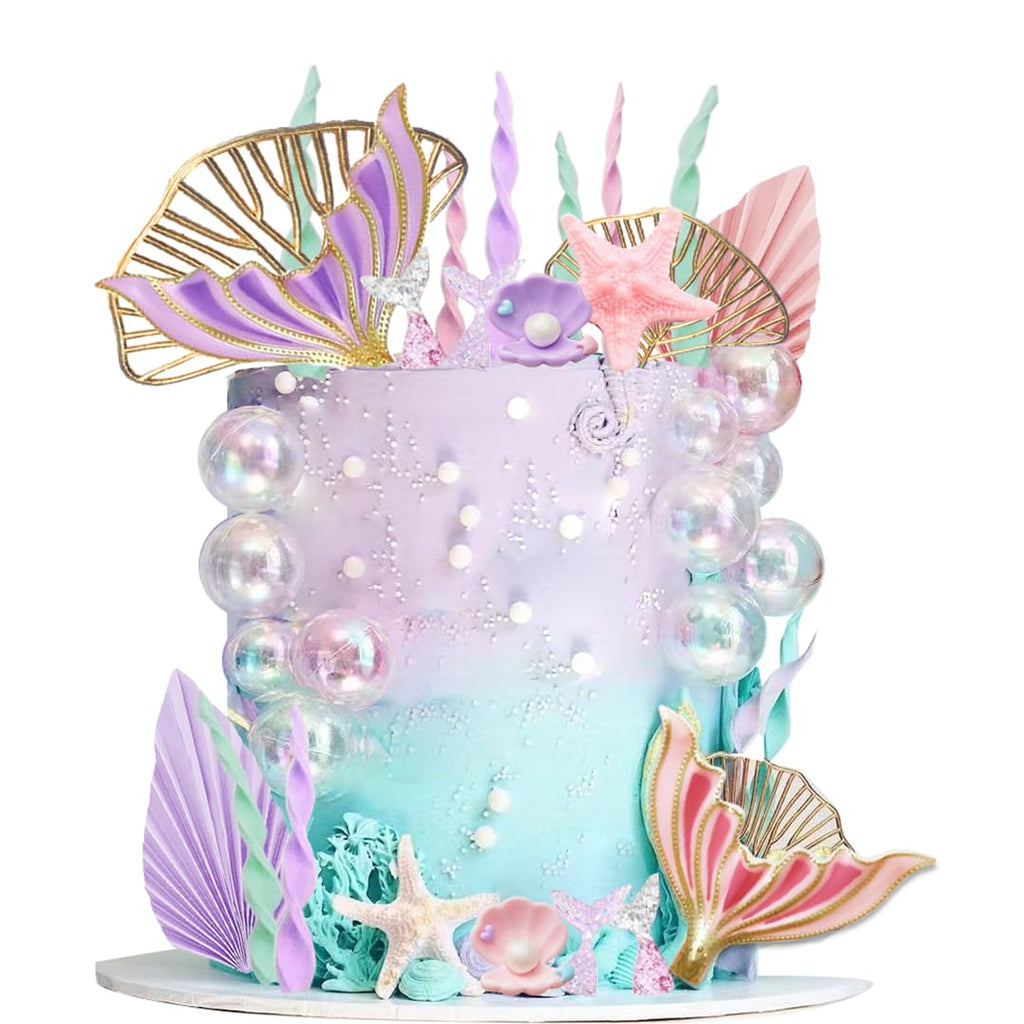 DiDida Mermaid Cake Topper Set — Big Tails, Seaweed, Bubbles, Shells & Golden Ginkgo Leaves