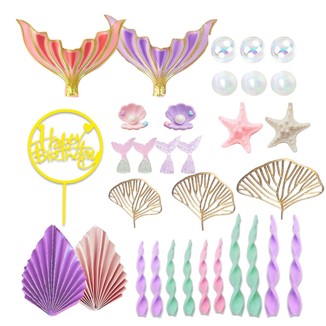 DiDida Mermaid Cake Topper Set — Big Tails, Seaweed, Bubbles, Shells & Golden Ginkgo Leaves